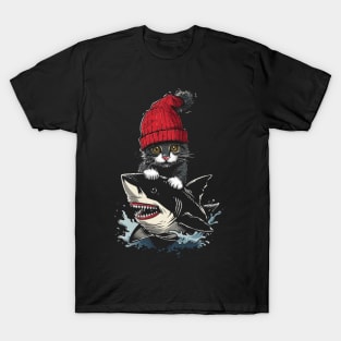 Cat Riding Shark Whiskered Adventure T-Shirt